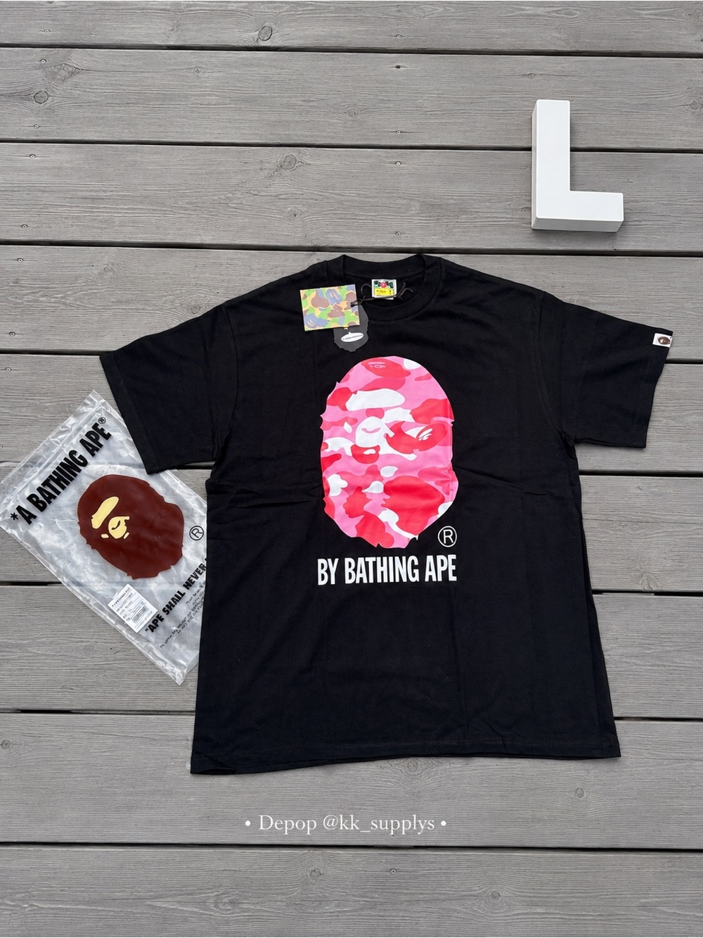 Bape Black Tee with Pink Camo Ape Head Graphic